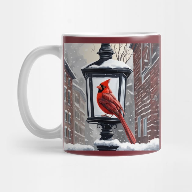 Cardinal Bird Sat On A Snow Covered Street Lantern by taiche